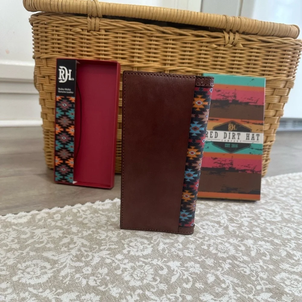 Red Dirt Hat Co Mens Rodeo Southwest Canvas Inlay Wallet Genuine Leather New